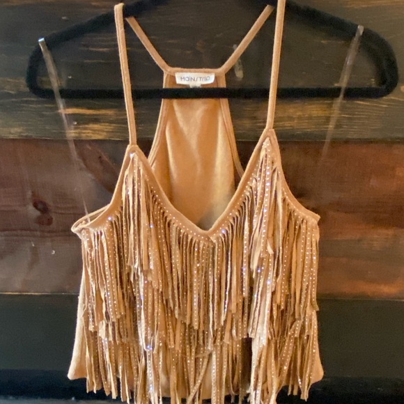 Main Strip Tops - Main Strip Tan Fringe Camisole